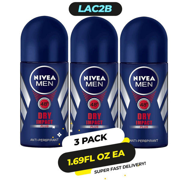 3 Pack Nivea Roll On Dry Impact Deodorant: 48 Hours Protection, Natural Ingredients, Non-Greasy Formula 50Ml / 1.69Fl Oz