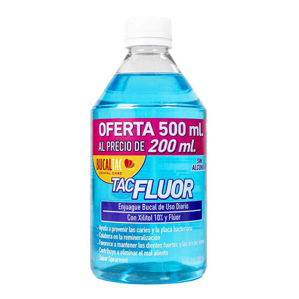 Bucal Tac Tac Fluor Mint Mouthwash 500ml / 16.9fl oz - Alcohol-Free with Xylitol 10% and Fluoride - Suitable for the Whole Family