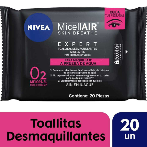 Nivea Micellair Black Expert O2 Makeup Remover Wipes: Effectively Remove Makeup, Reoxygenate Skin, and Care for the Eye Area (25 wipes)