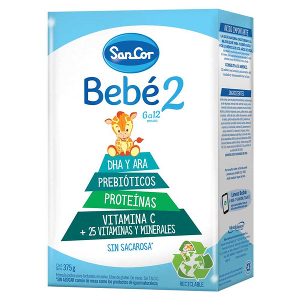 SANCOR BEBE 2 Powder (375gr / 13.22oz) - Prebiotics, Omega-3 DHA & ARA, Vitamins A, C & D, Iron, Calcium, Zinc & Selenium - No Artificial Colors or Flavors