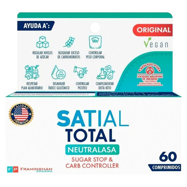 Satial Total Sugar Stop & Carb Controller With Neutralasa: 70% Reduction in Absorption of 15g of Sucrose, 60 Capsules, Gluten-free, Non-GMO and Vegetarian Friendly